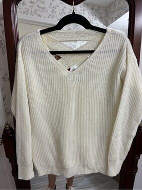 Amazon Ivory V-Neck Knit Sweater with Lace Cross-Back